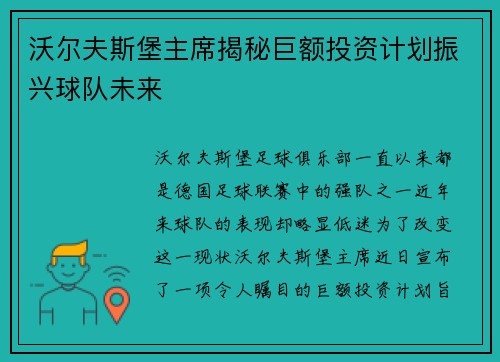 沃尔夫斯堡主席揭秘巨额投资计划振兴球队未来